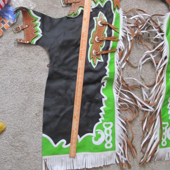 Brown Tooled Leather Cowboy Chaps Fringe Leather Chaps Western Rodeo Chaps Black - Picture 5 of 6
